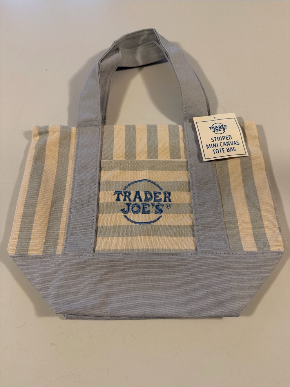 Trader Joe’s Striped Mini Canvas Tote Bag Blue & Cream NWT Reusable Grocery Bag - Picture 6 of 8